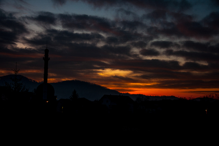 Beautiful sunset above the city of Teslic in Bosnia and Herzegovinaの写真素材