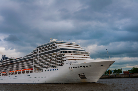 White cruise on the river in Hamburg city 11 May 2014のeditorial素材