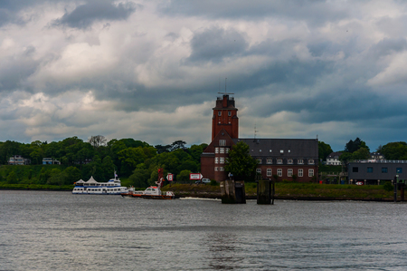 Boats passing near Hamburg Harbour Pilots association in Hamburg on 11.May.2014のeditorial素材