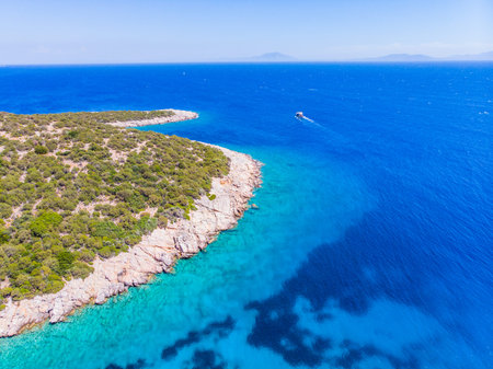 Drone view to the Aegean sea and the boats on it in city of Bodrum in Turkey