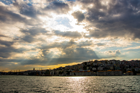 The sunset above the Karakoy part of the city of Istanbul in Turkeyの写真素材