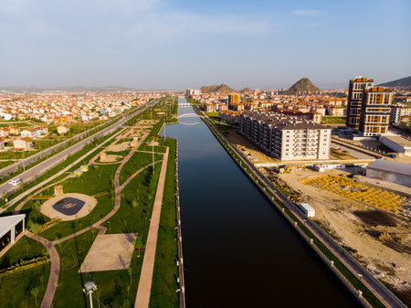 Drone view to the river Akarcay and city of Afyon in Turkey