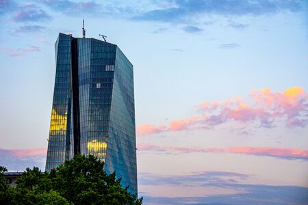 Skytower during the sunset in the city of Frankfurt am Mainの写真素材