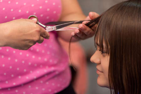 Professional female hairdresser cutting girls hair in salonの写真素材