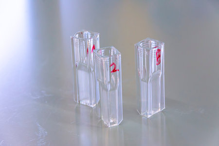 Labeled empty quartz cuvette on the lab table used for spectrophotometryの写真素材