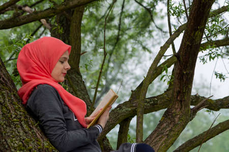 Muslim female student reading a book in nature, outdoorの写真素材