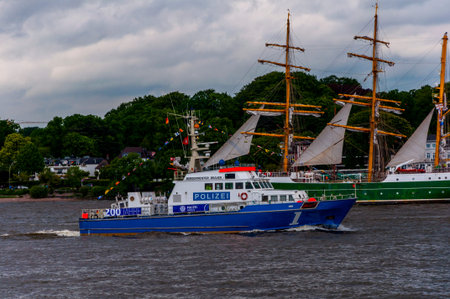 Hamburg, Germany, May 11. 2014. Police ship 1 on the river Elbe in Hamburg. 200 years boat old....