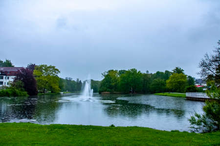 Fountain in the Kurpark in Bad Salzuflen. Beautiful landscape in spa resort complex. Bad Salzuflen, Germanyの写真素材