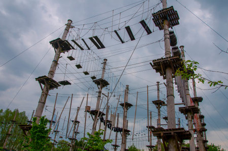 Hochseilgarten or High ropes course in the natural park Aqua Magica in the city of Bad Oeynhausen,...