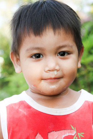 image of mucus or snot from nose of  boy.の写真素材