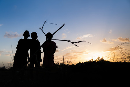 child and dry twigs  on sky background in the eveningの写真素材