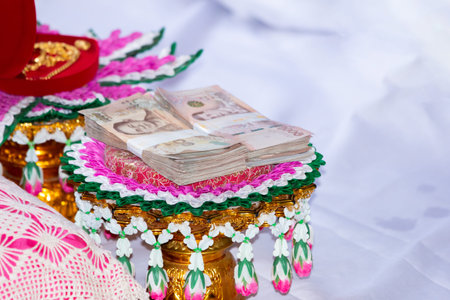 dowry in thai wedding ceremony, tradition wedding ceremony in thailandの写真素材