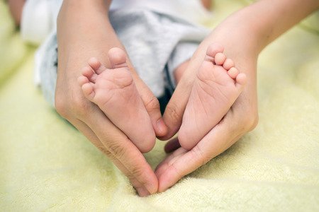 Cute Newborn Baby's feet in parent's handsの写真素材