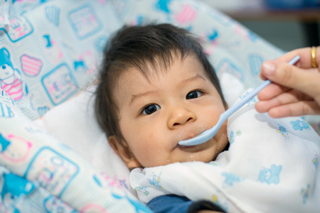 Beautiful baby eating mashedの写真素材