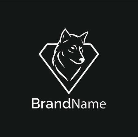 black and white simple vector line art of an abstract wolf head in diamond shape shieldのイラスト素材