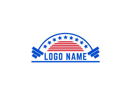 Barbell Logo for fitness, gym. Emblems, labels, badges, logos. American color vector isolated. Flat modern designのイラスト素材