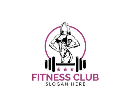 Fitness club logo or emblem with woman silhouettes. Isolated on white background.のイラスト素材