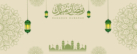Ramadan Mubarak Islamic banner with green lanterns and mosque silhouetteのイラスト素材