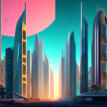 modern skyscrapers on the background of the evening city. 3d renderingの写真素材