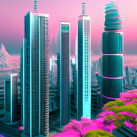 3d illustration of modern skyscrapers in the city at sunsetの写真素材