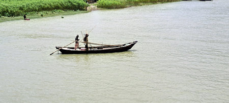 fisherman boat on the Mekong river in Vietnam, Asiaの写真素材