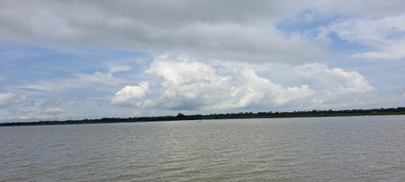 Panoramic view of the Mekong River in Cambodia with cloudsの写真素材