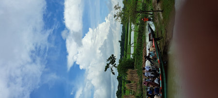 Panorama 360 degrees angle view of beautiful landscape with blue sky and white clouds.の写真素材