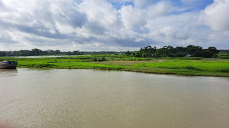 Rural landscape with river and cloudy blue sky in Borneo.の写真素材