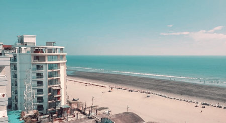 Panoramic view of the beach and the sea from a high-rise buildingの写真素材