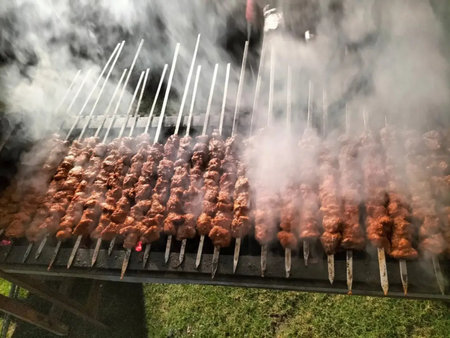 Shish kebab on skewers on the grill with smokeの写真素材