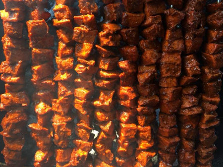 Shish kebab on the grill in the street food market