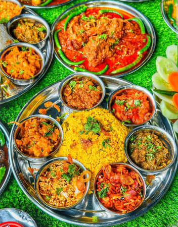 Variety of Indian dishes in metal plates on the table, Thailand.の写真素材
