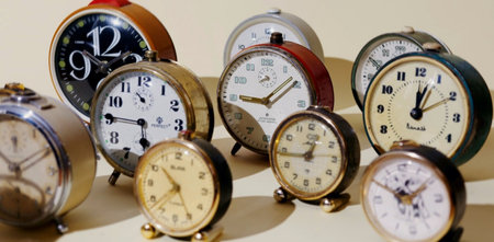 Vintage alarm clocks on white background. Close-up. Selective focus.の写真素材