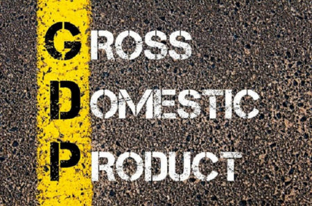 Business Acronym GDP as Gross Domestic Product. Yellow paint line on the road against asphalt background. Conceptual imageの写真素材