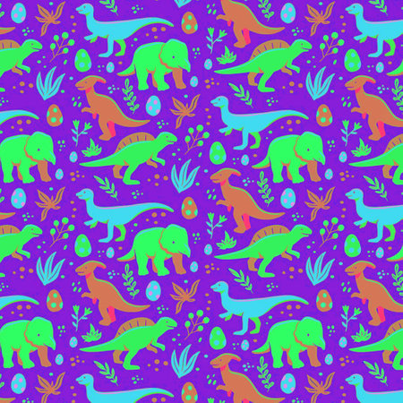 Seamless pattern with cute dinosaurs and flowers. Vector illustration.の写真素材