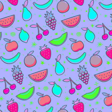 Fruit seamless pattern. Vector illustration of fruits on a purple background.