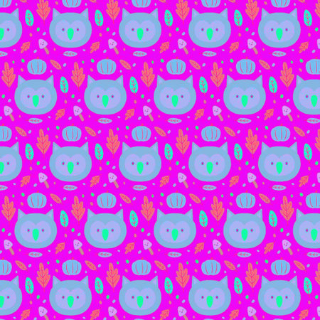 Vector seamless pattern with owls and plants on a pink background.の写真素材
