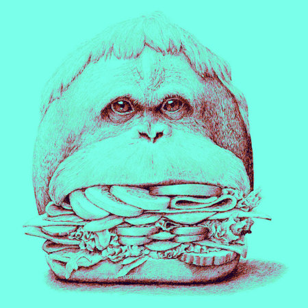 Hand-drawn illustration of an old man with a hamburger.の写真素材