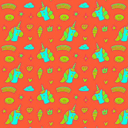 Seamless pattern with unicorns, rainbow, hearts and stars.の写真素材
