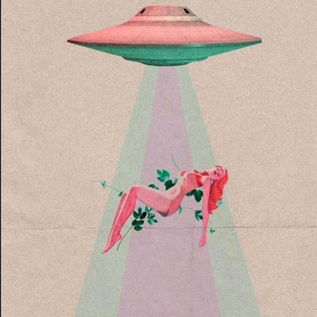 Illustration of a girl in a flying saucer with a flowerの写真素材