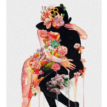 Watercolor illustration of a woman with a bouquet of flowers.の写真素材