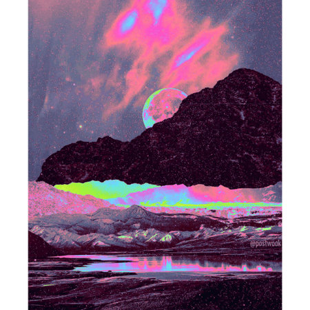 Fantasy landscape with mountains, lake and milky way. Collage.