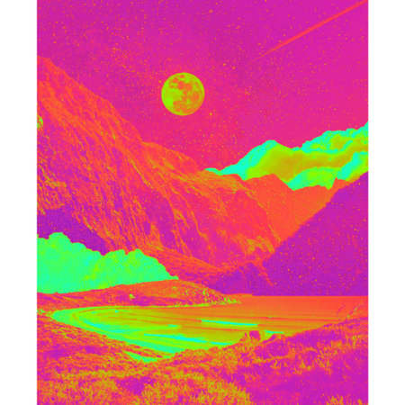 Abstract background with mountains, sun and lake. Hand-drawn illustration.の写真素材