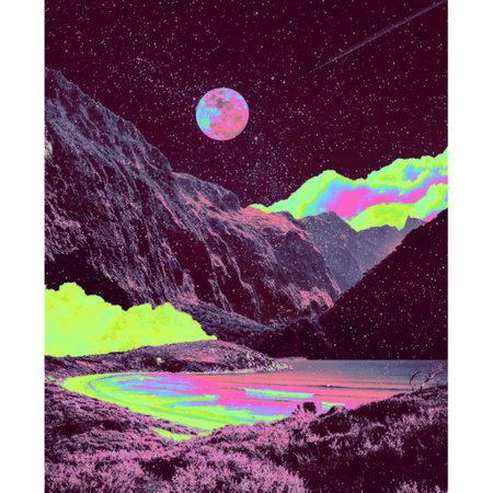 Fantasy landscape with mountains, lake, moon and stars. Vector illustrationの写真素材