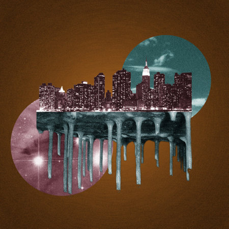 Abstract watercolor illustration of the city on a background of the moonの写真素材