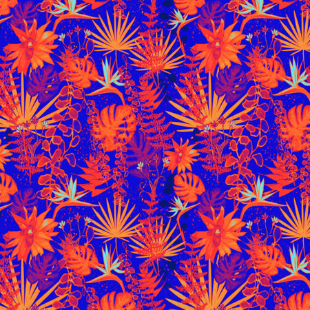 Seamless pattern with tropical flowers and leaves. Vector illustration.の写真素材