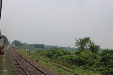 railway in the foggy morning at Chiangmai Thailandの写真素材