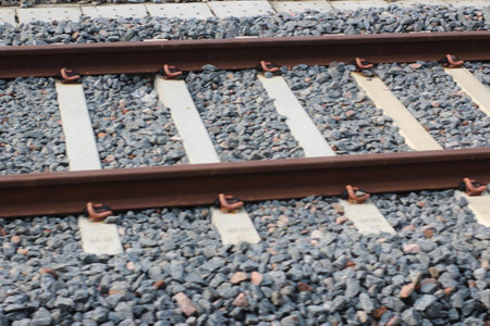 Railway track close up. Railroad transportation background. Railway tracks.の写真素材