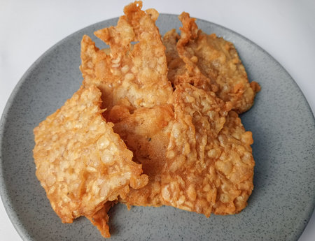 Fried tempe from asian delicious traditional food in a grey plate on a white background. Tempe gorengの写真素材