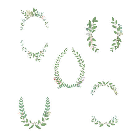 Collection of oval frames decorated with plants, white background, green frameのイラスト素材